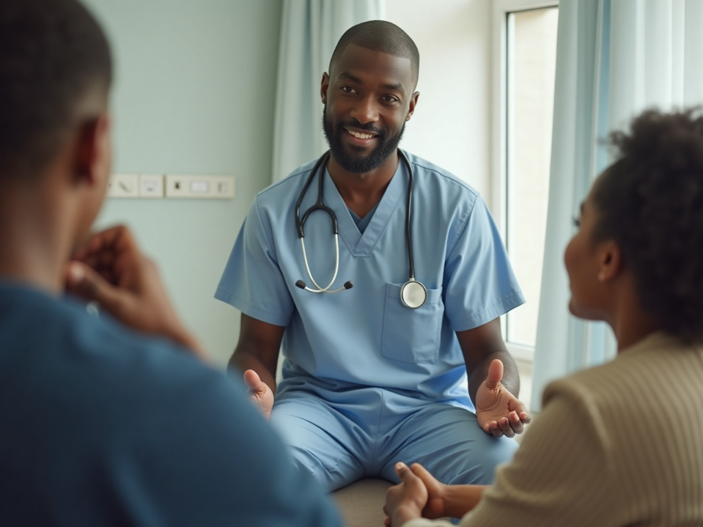 A healthcare professional helping two individuals 