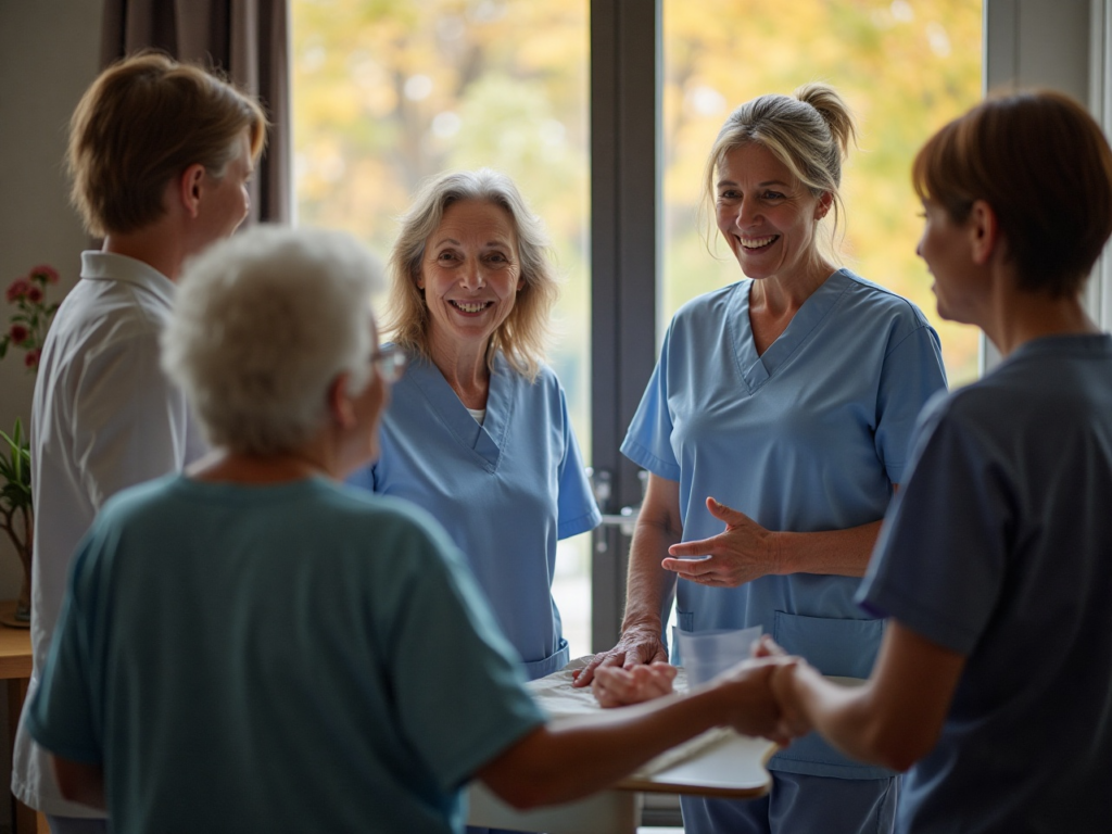 A group of people getting training from two nurses