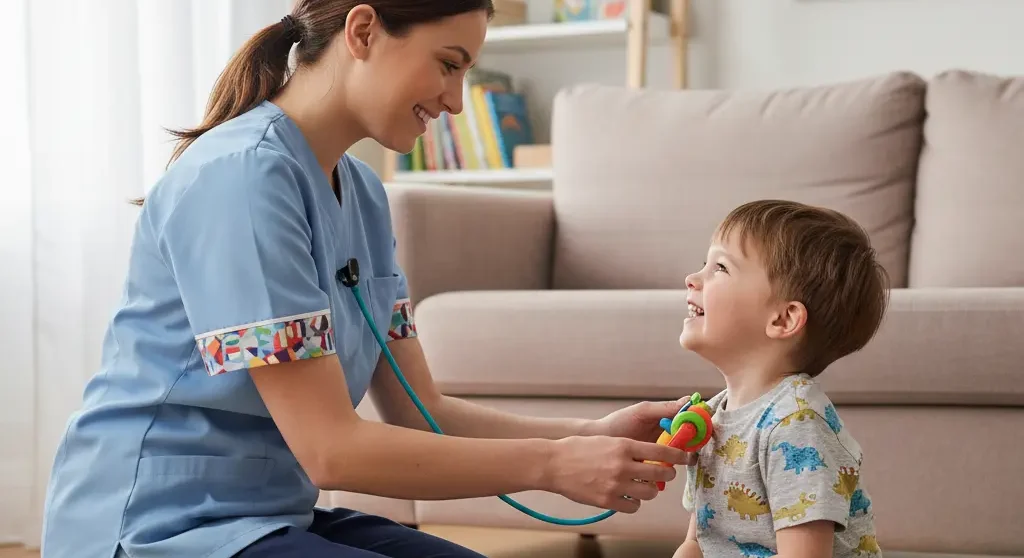 A friendly nurse in a light blue uniform is kneeling on a colorful play mat in a child's living room, smiling gently as she uses a toy stethoscope to playfully check on a young boy who is looking up at her with a happy smile. Wooden blocks are scattered around them on the mat.