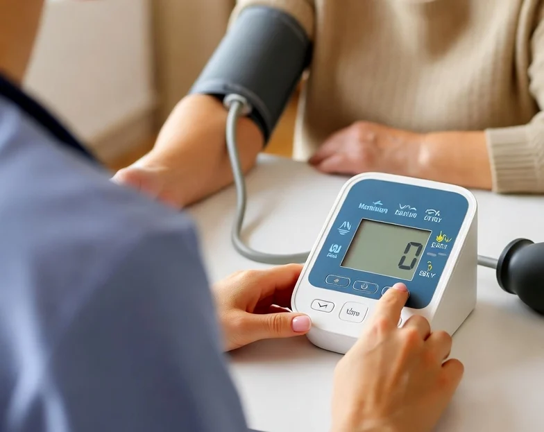 Professional home care: A nurse intently operates a blood pressure monitor, while an elderly client looks relaxed and trusting.