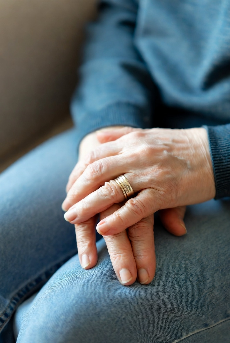 A close-up of an elderly person's hands with rings resting calmly on their lap.