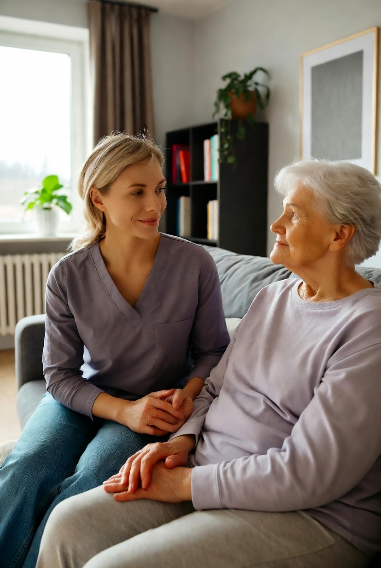 A caring home care nurse gently interacting with a senior woman, demonstrating compassionate home nursing support.