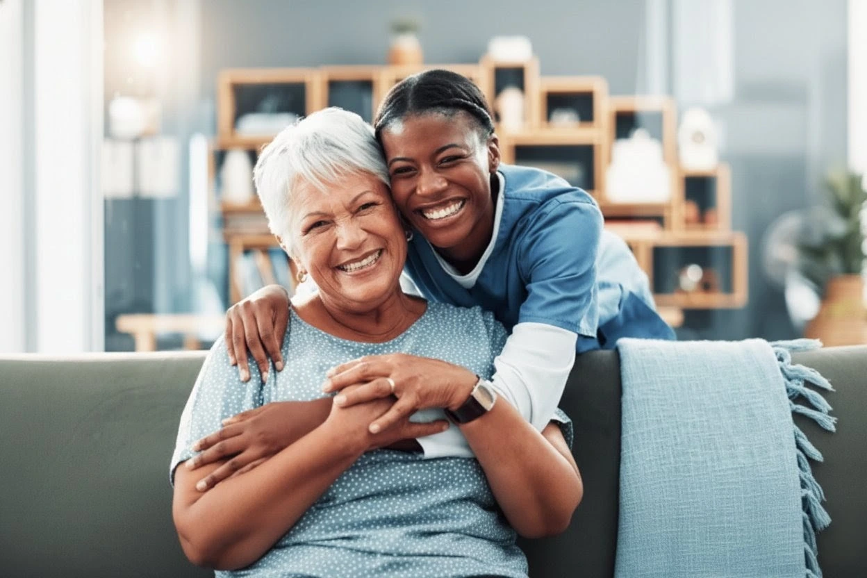 Professional home care nurse sharing a warm, laughing moment with an elderly lady in a bright living room.